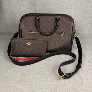 NWOT Coach Rowan Satchel Wallet Set Medium Brown Signature Canvas Designer
